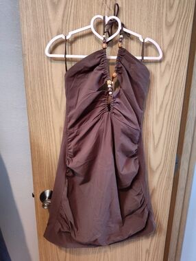 Brown Halter Mini Dress with Bead Accents Zara